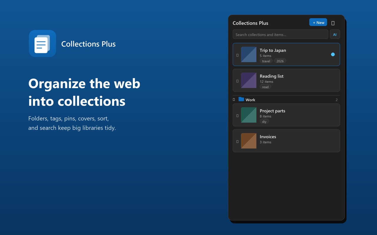 The Collections Plus side panel with collections, folders and tags